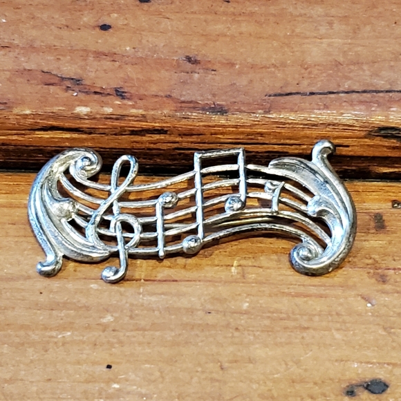BEAU Sterling Treble Clef Musical Notes Pin Brooch Silver - Picture 2 of 5